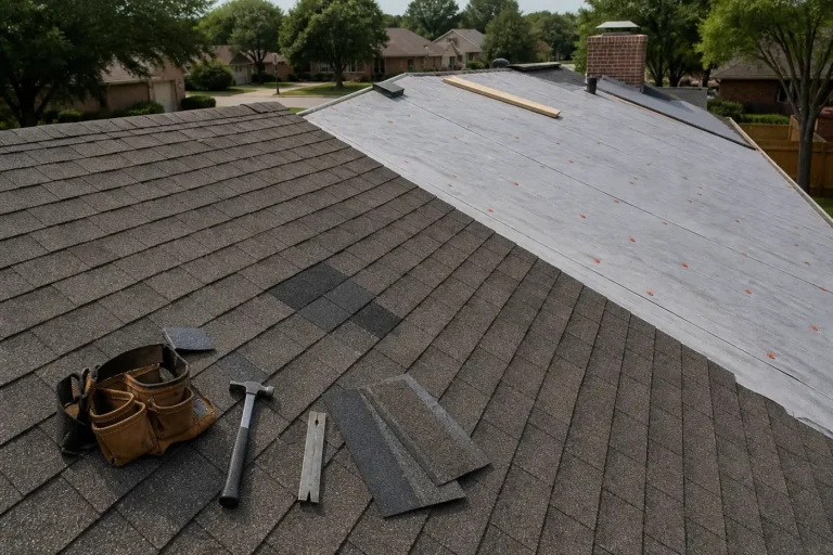 Dallas roof with localized shingle repair next to a slope stripped for replacement