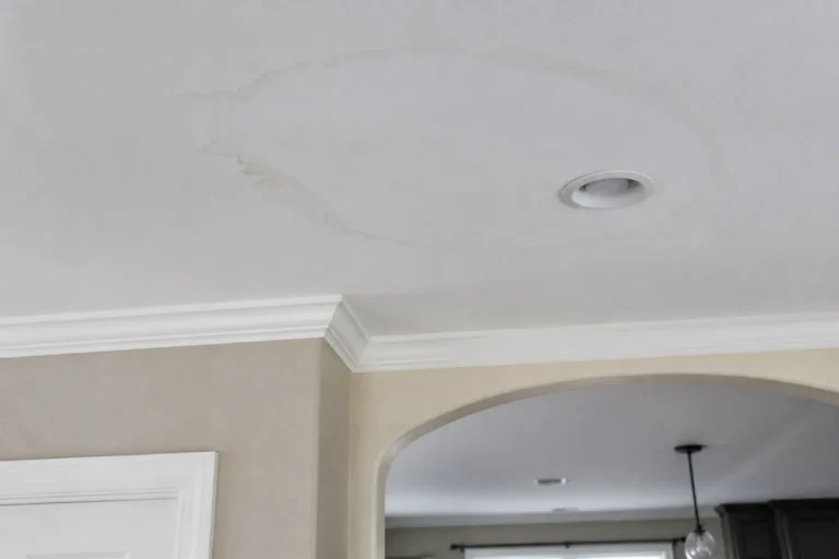 Faint ceiling water stain in a Houston home after rain, a common roof-leak warning sign